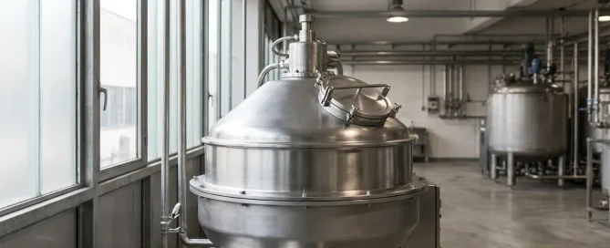 Stainless steel industrial centrifuge installed in a processing facility, showing equipment construction and material design.