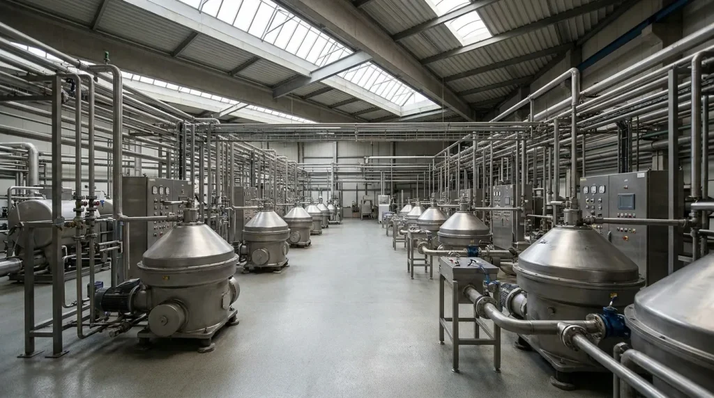 Industrial processing facility with multiple disc stack centrifuges, control panels, and stainless steel piping.