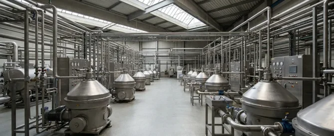 Industrial processing facility with multiple disc stack centrifuges, control panels, and stainless steel piping.