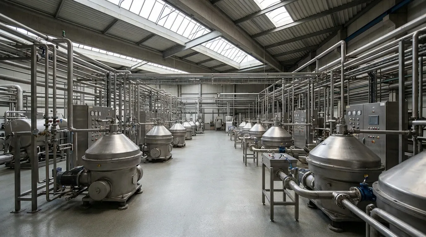 Industrial processing facility with multiple disc stack centrifuges, control panels, and stainless steel piping.