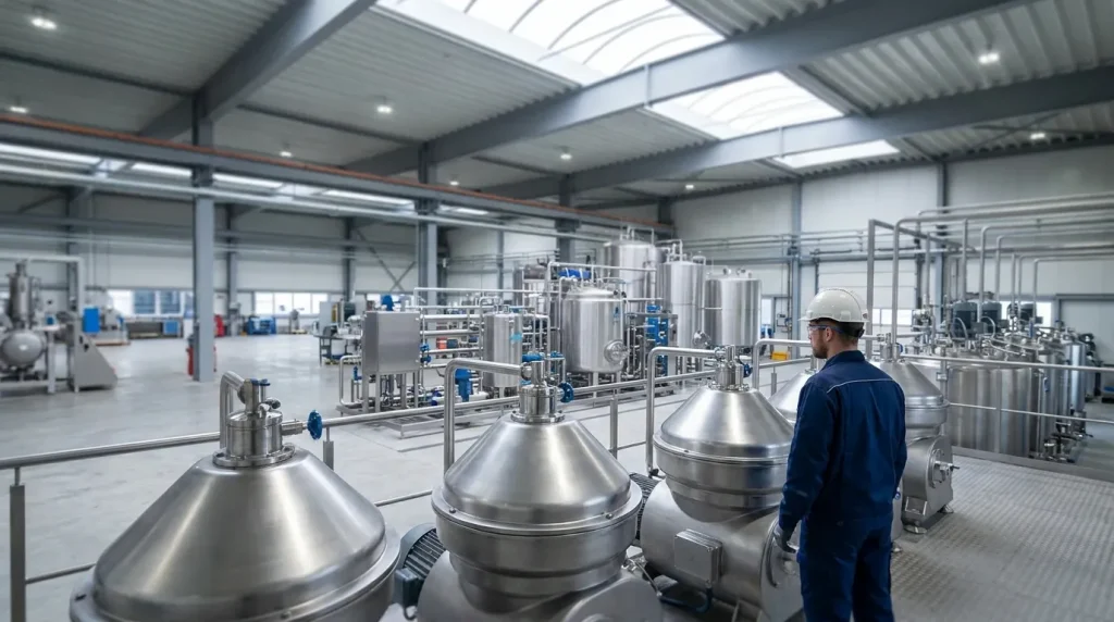 Engineer inspecting industrial centrifuge equipment in a manufacturing facility during system sizing and selection.