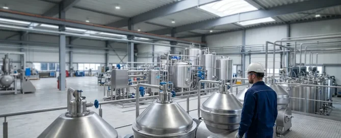 Engineer inspecting industrial centrifuge equipment in a manufacturing facility during system sizing and selection.