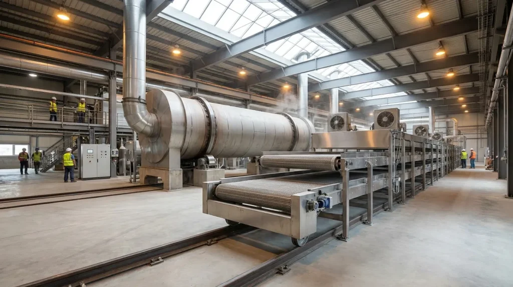 Industrial continuous drying facility with rotary drum and conveyor dryer systems operating in a large processing plant.