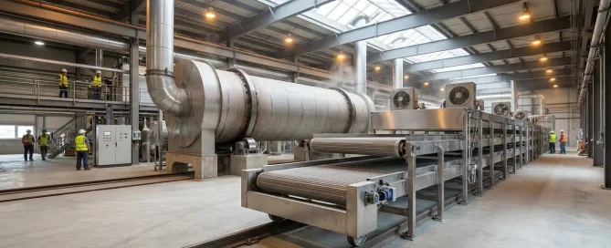 Industrial continuous drying facility with rotary drum and conveyor dryer systems operating in a large processing plant.