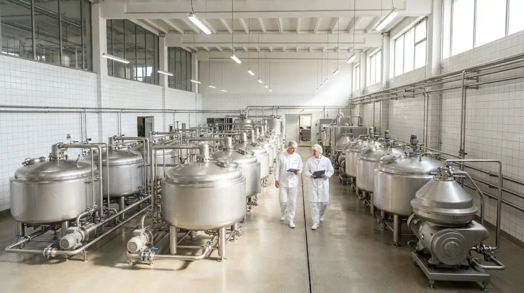Industrial dairy processing facility with stainless steel tanks, piping, and centrifuge separation equipment.