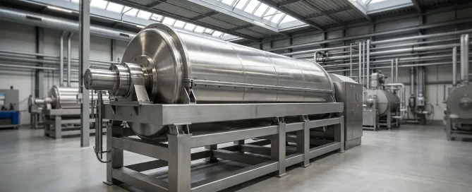 Large industrial decanter centrifuge installed in a modern processing plant.