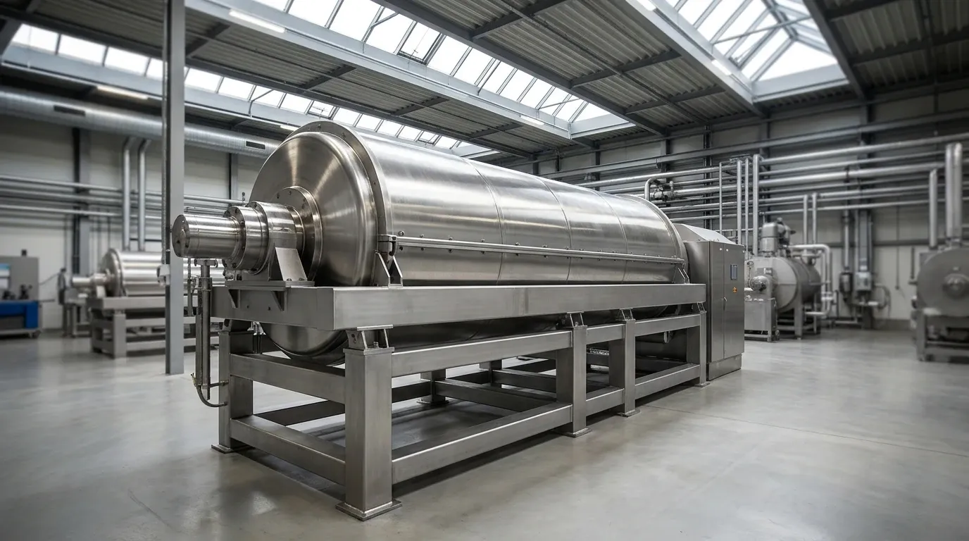 Large industrial decanter centrifuge installed in a modern processing plant.