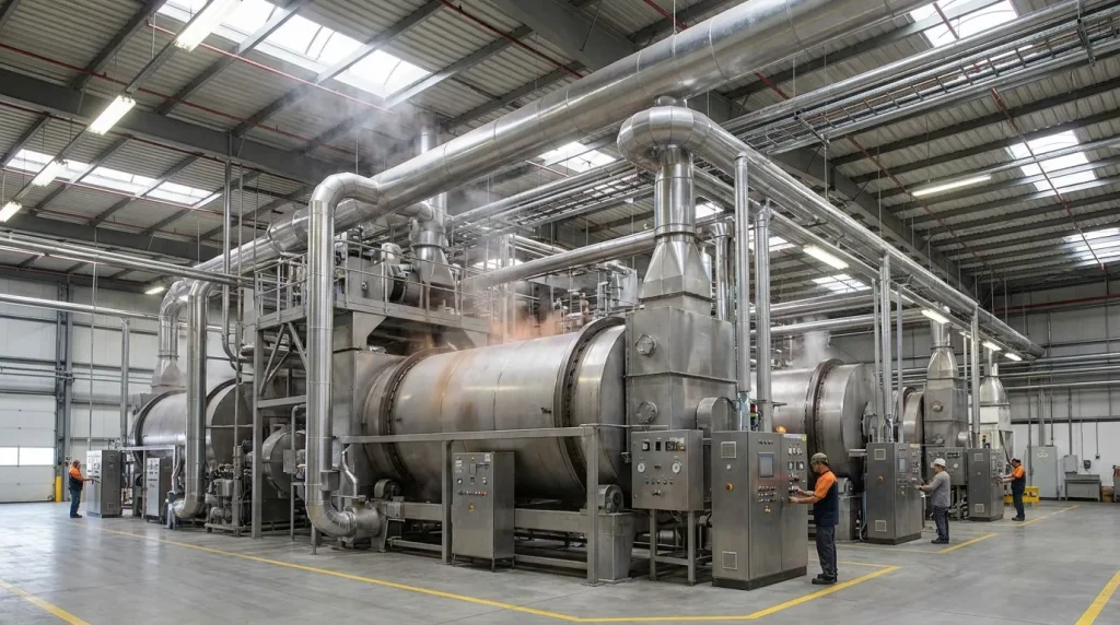 Large industrial drying equipment operating inside a manufacturing facility with stainless steel ductwork and control panels.
