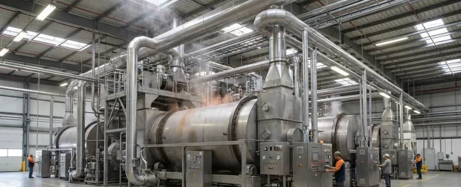 Large industrial drying equipment operating inside a manufacturing facility with stainless steel ductwork and control panels.