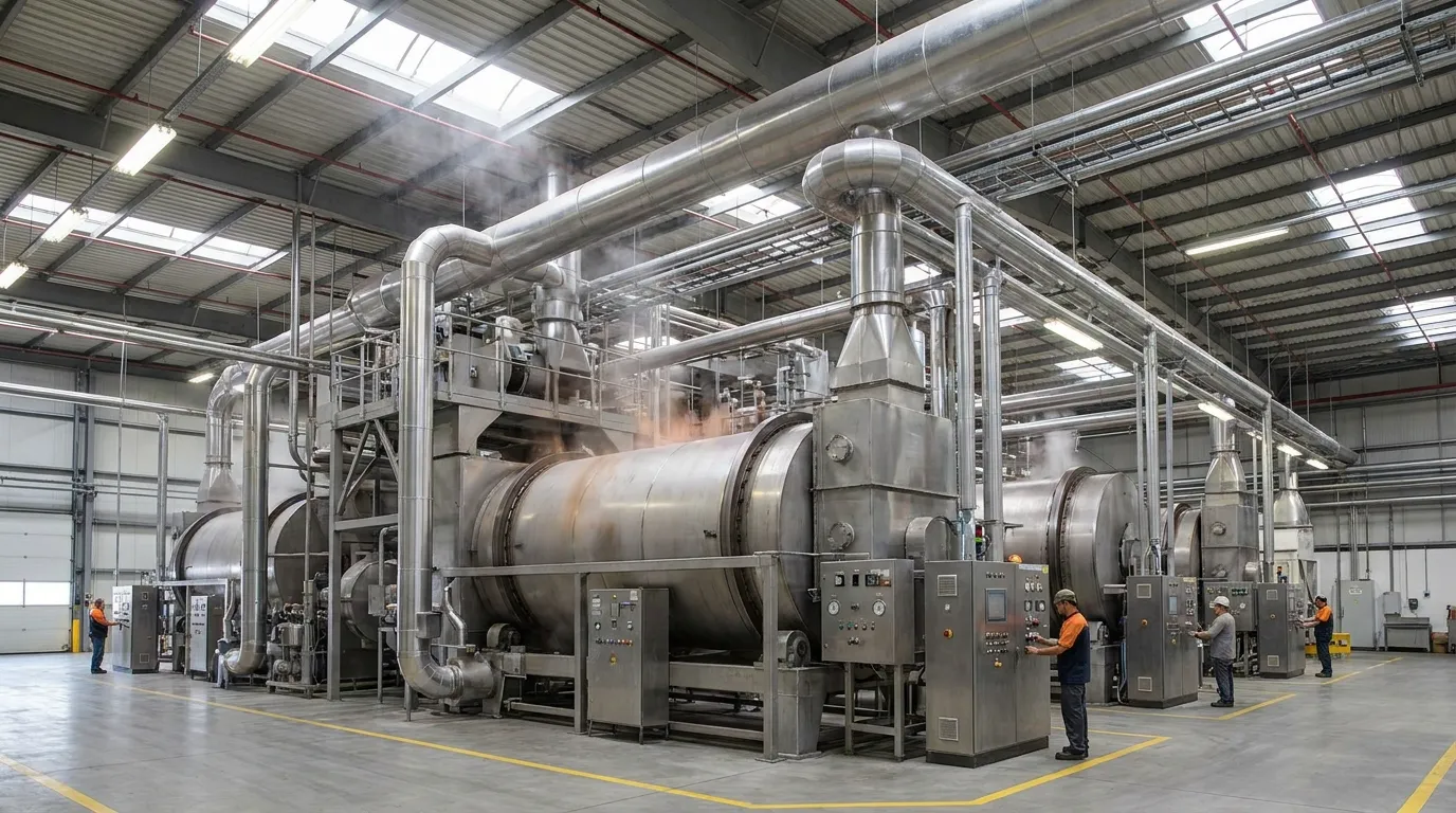 Large industrial drying equipment operating inside a manufacturing facility with stainless steel ductwork and control panels.
