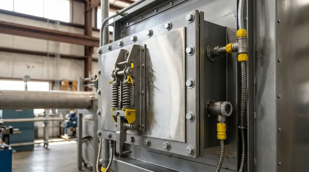 Close-up of an industrial dryer explosion vent panel with spring-loaded safety hardware and connections.