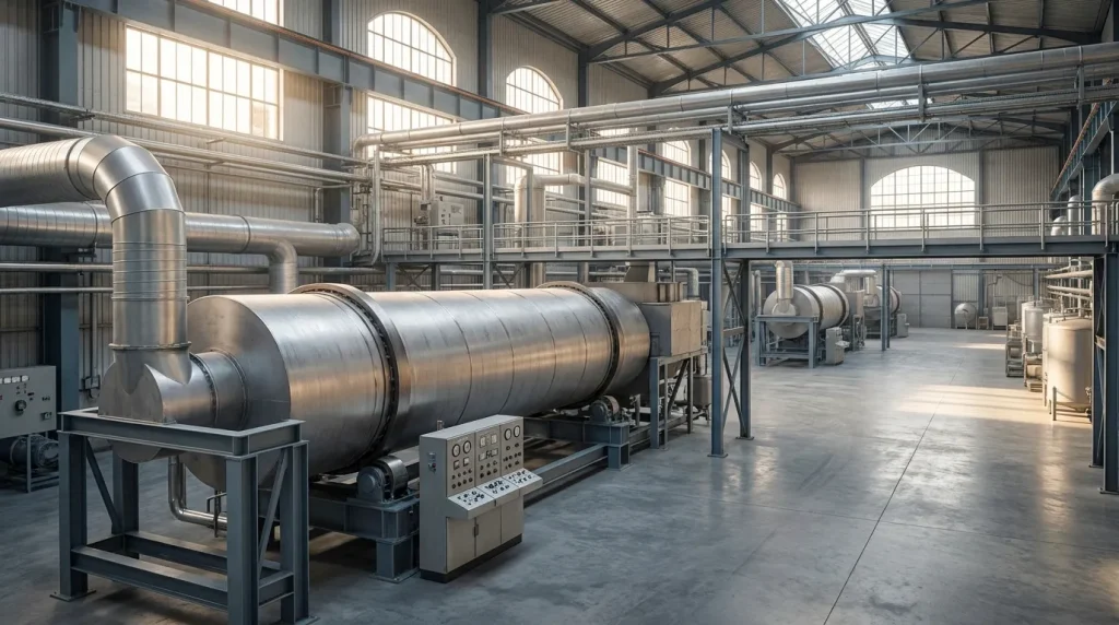 Large industrial drying system installed on a spacious manufacturing floor with stainless steel process equipment.