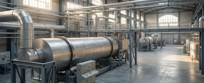 Large industrial drying system installed on a spacious manufacturing floor with stainless steel process equipment.