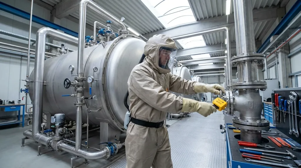 Technician performing a lockout tagout safety procedure on industrial dryer equipment before maintenance.