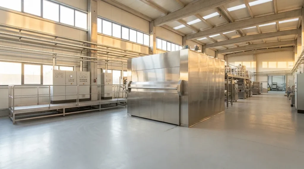 Large industrial dryer installed in a manufacturing facility with control panels and surrounding processing equipment.