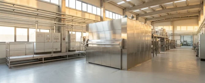 Large industrial dryer installed in a manufacturing facility with control panels and surrounding processing equipment.