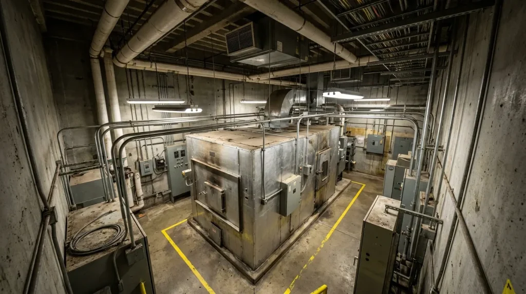 Industrial drying equipment installed within a compact processing room with limited floor space and overhead utilities.