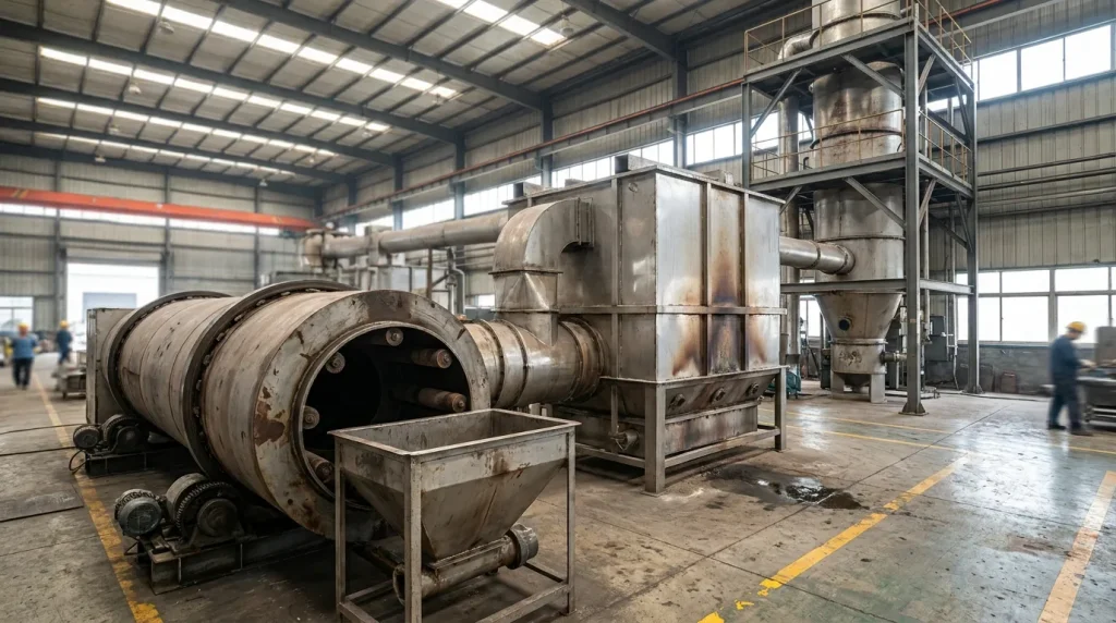 Industrial facility showing multiple dryer systems and processing equipment used for different drying applications.