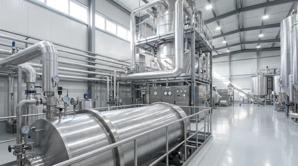 Large industrial facility containing stainless steel drying equipment, process vessels, piping, and control systems.