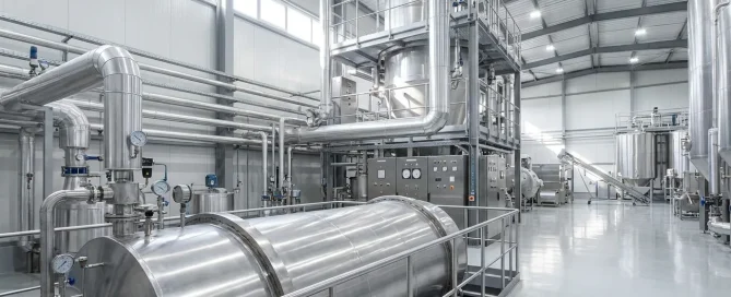 Large industrial facility containing stainless steel drying equipment, process vessels, piping, and control systems.