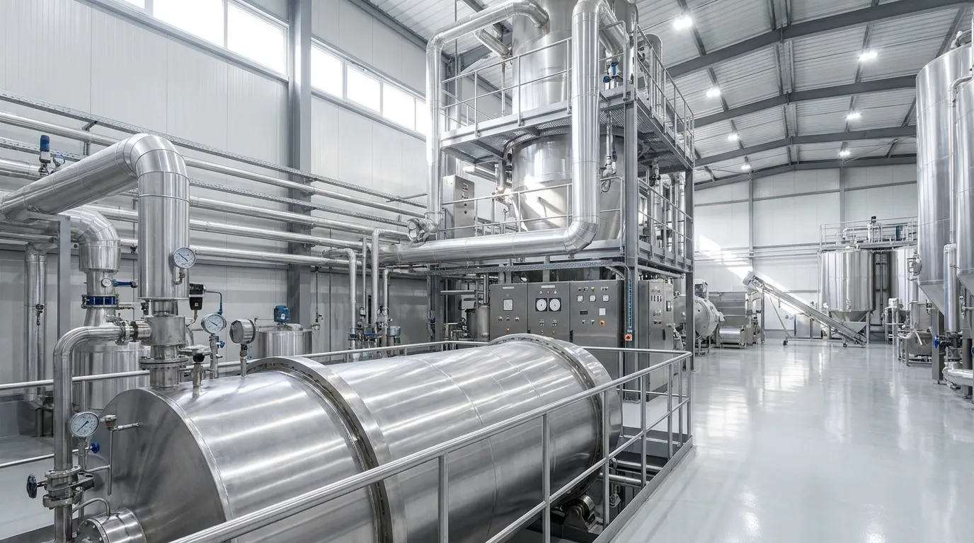 Large industrial facility containing stainless steel drying equipment, process vessels, piping, and control systems.