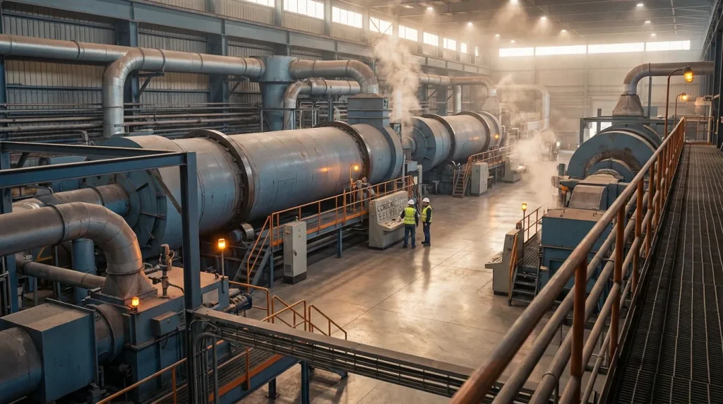 Large-scale industrial drying facility with multiple rotary dryers, ductwork, platforms, and process equipment.