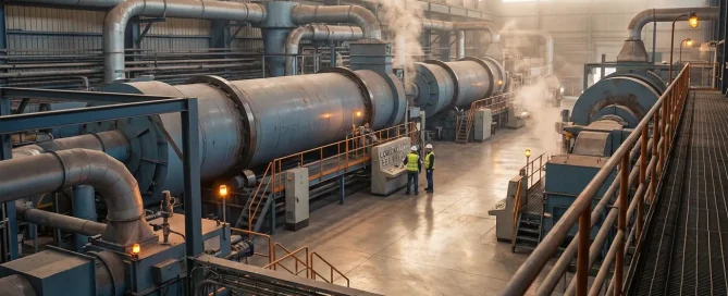 Large-scale industrial drying facility with multiple rotary dryers, ductwork, platforms, and process equipment.
