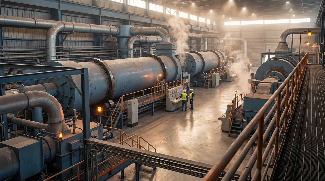 Large-scale industrial drying facility with multiple rotary dryers, ductwork, platforms, and process equipment.