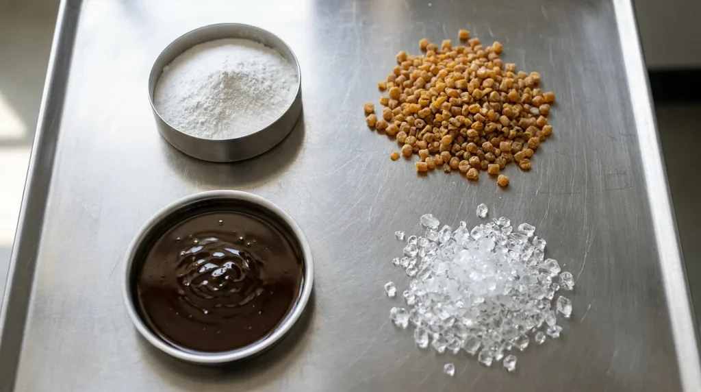 Samples of powder, granules, crystals, and viscous material displayed for industrial drying process evaluation.