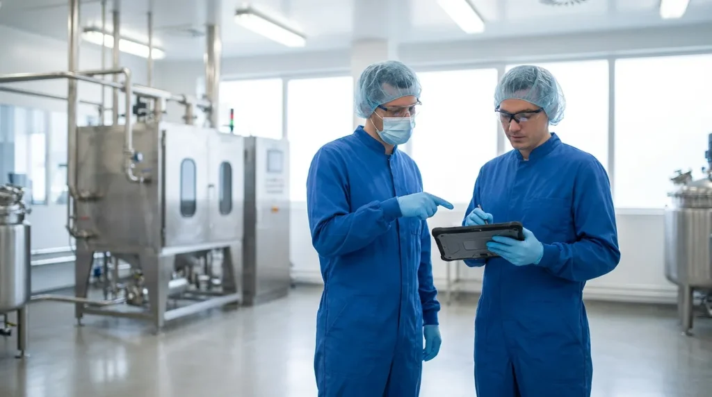 Two industrial engineers reviewing drying equipment performance and process data on a tablet inside a production facility.