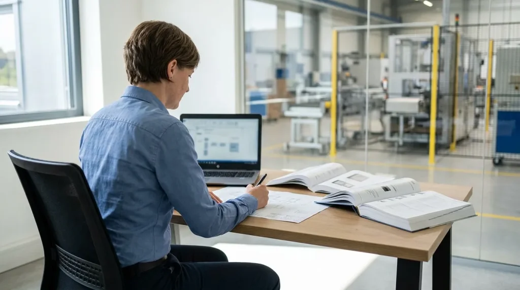 Process engineer reviewing equipment specifications and technical drawings beside an industrial manufacturing area.