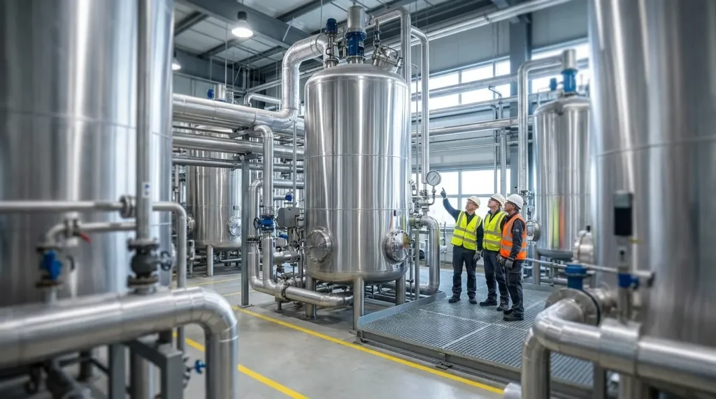 Industrial evaporator facility with stainless steel vessels, piping, and process equipment.