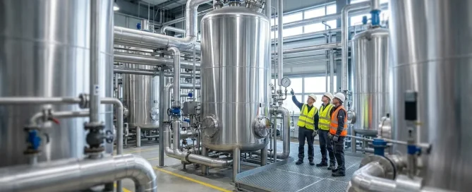 Industrial evaporator facility with stainless steel vessels, piping, and process equipment.