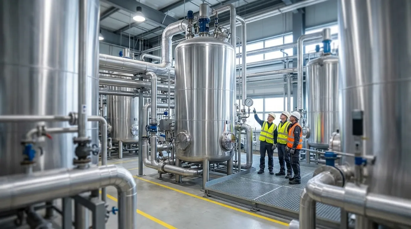 Industrial evaporator facility with stainless steel vessels, piping, and process equipment.