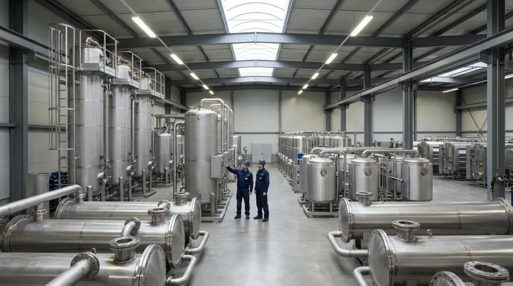 Warehouse displaying different types of industrial evaporators and processing equipment for comparison.