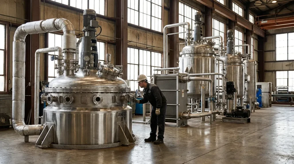 Industrial filtration equipment and stainless steel process vessels arranged on a manufacturing floor for equipment comparison and inspection.