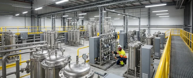 Industrial filtration systems and stainless steel process equipment installed inside a large manufacturing facility.