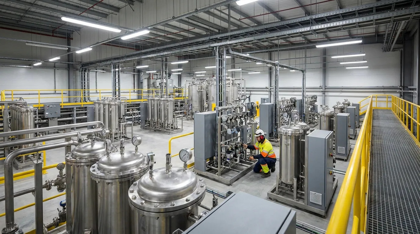 Industrial filtration systems and stainless steel process equipment installed inside a large manufacturing facility.