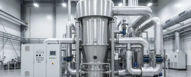 Large industrial fluid bed dryer system with stainless steel ductwork and control equipment inside a manufacturing facility.