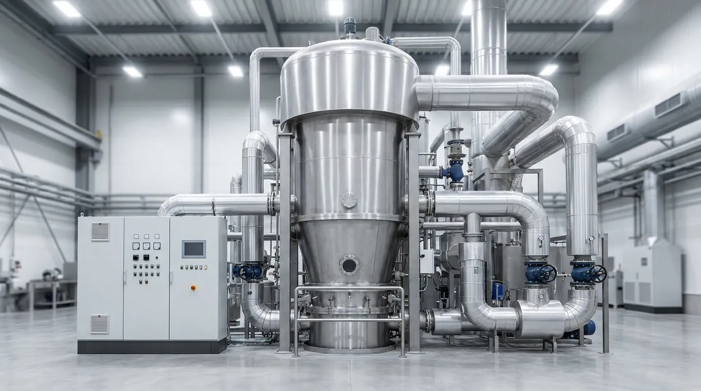 Large industrial fluid bed dryer system with stainless steel ductwork and control equipment inside a manufacturing facility.