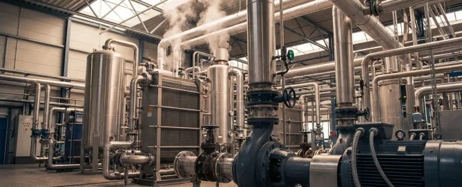 Industrial forced circulation evaporator system with pumps, heat exchangers, vessels, and process piping.