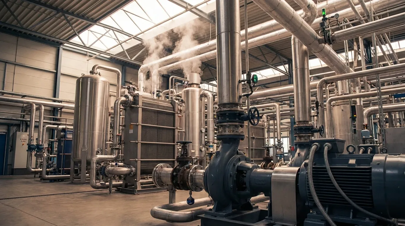 Industrial forced circulation evaporator system with pumps, heat exchangers, vessels, and process piping.