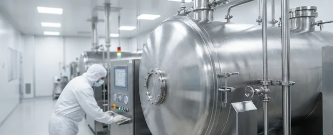 Industrial pharmaceutical freeze dryer operated by a technician inside a controlled cleanroom production facility.