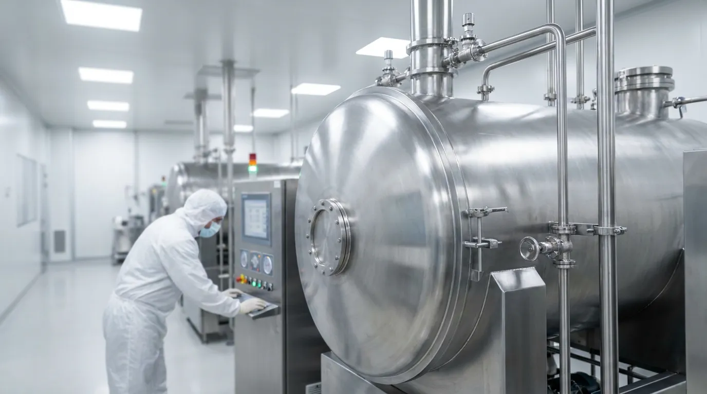 Industrial pharmaceutical freeze dryer operated by a technician inside a controlled cleanroom production facility.