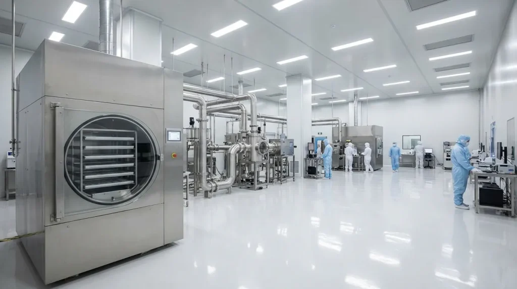Industrial freeze-drying and vacuum-drying equipment installed in a clean pharmaceutical processing facility.