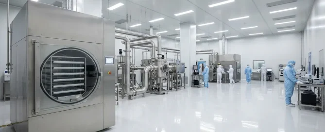 Industrial freeze-drying and vacuum-drying equipment installed in a clean pharmaceutical processing facility.