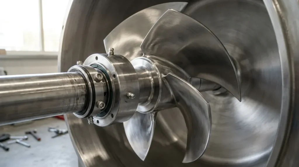 Close-up of an industrial mixer impeller and shaft assembly inside a stainless steel mixing vessel.