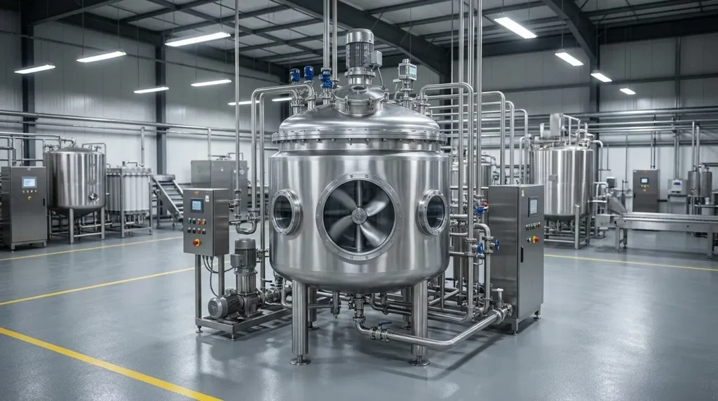 Industrial mixer manufacturing facility with stainless steel mixing tanks, control systems, and processing equipment.