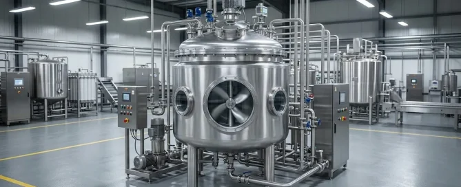 Industrial mixer manufacturing facility with stainless steel mixing tanks, control systems, and processing equipment.
