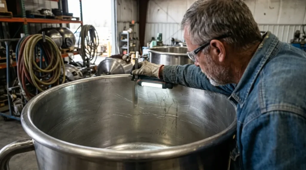 Technician inspecting the interior condition and dimensions of a stainless steel industrial mixing vessel.